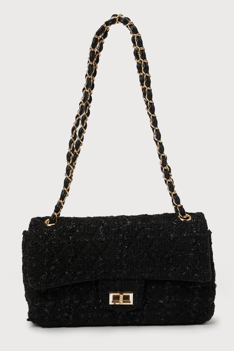 Black Tweed Bag - Lurex Chain Strap Bag - Chain Shoulder Bag - Lulus