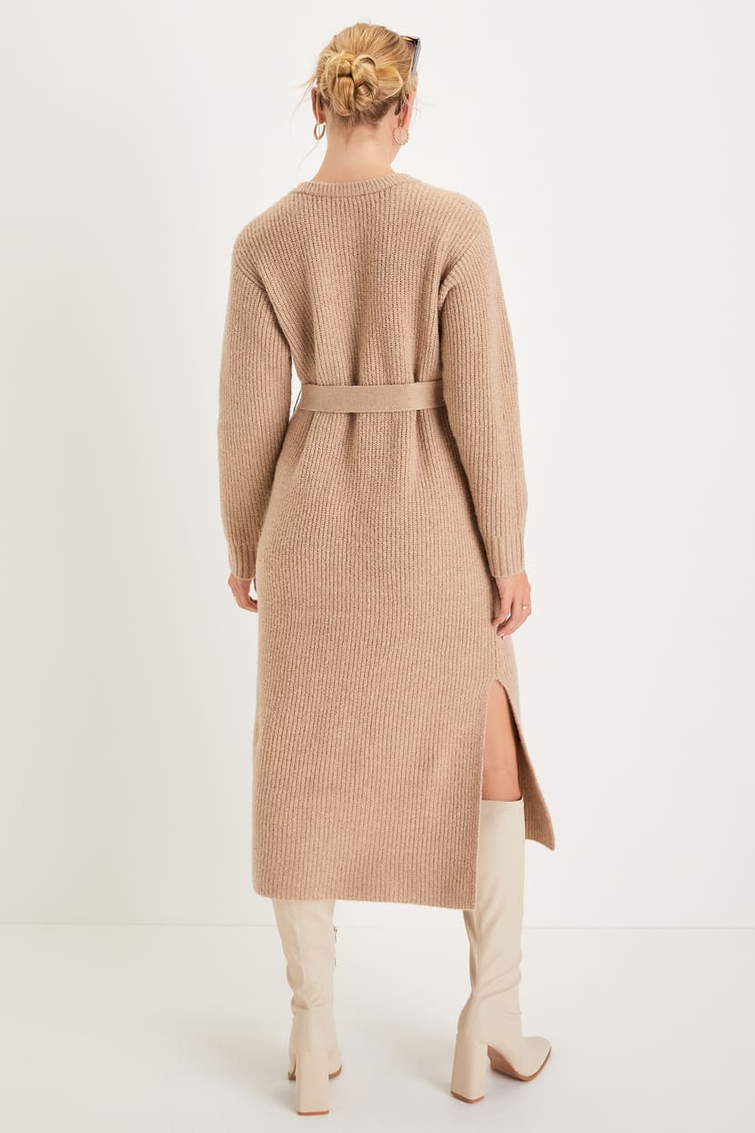chinese dress ladies Long Sleeve Belted Midi Knit Sweater Dress main image 1