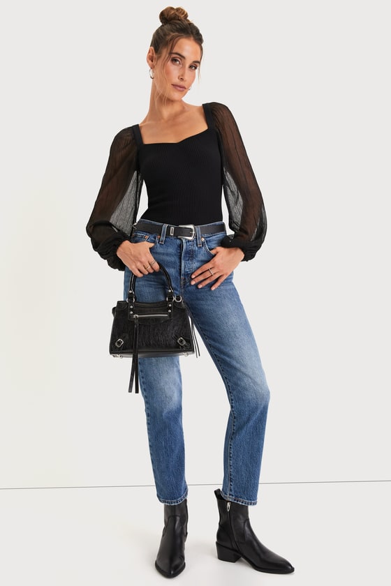 Chic Black Top - Ribbed Knit Top - Sheer Balloon Sleeve Top
