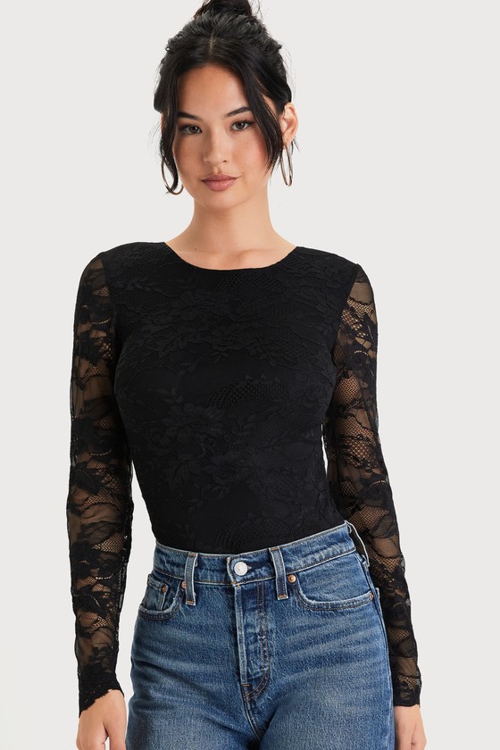 Adoring Date Black Lace Long Sleeve Tie-Back Bodysuit 5