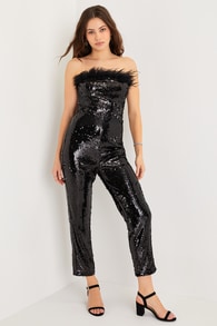 Dazzling Glam Black Sequin Feather Strapless Cropped Jumpsuit