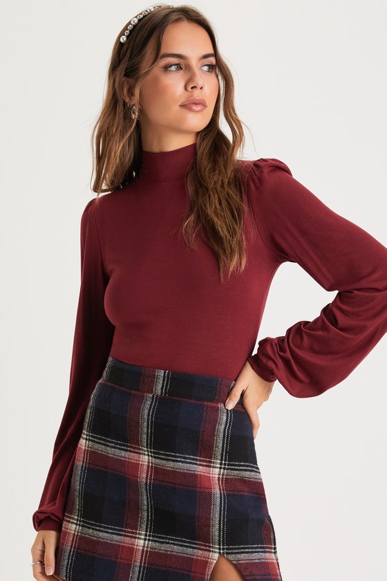 Wine Red Jersey Knit Top - Long Sleeve Top - Mock Neck Top - Lulus