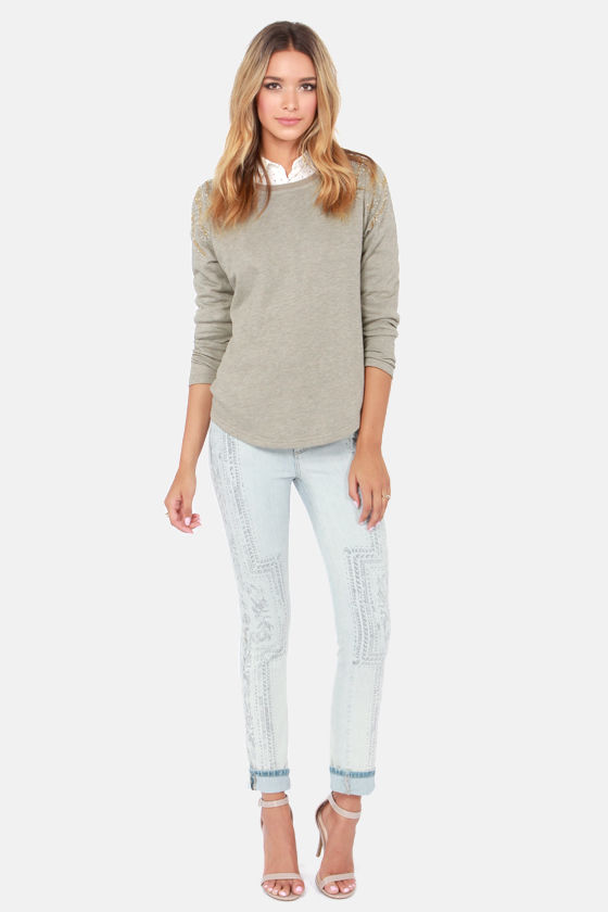 Cute Grey Sweatshirt - Beaded Sweatshirt - $83.00