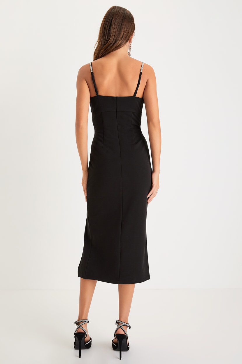 Flirty Black Dress - Bodycon Midi Dress - Rhinestone Strap Dress - Lulus