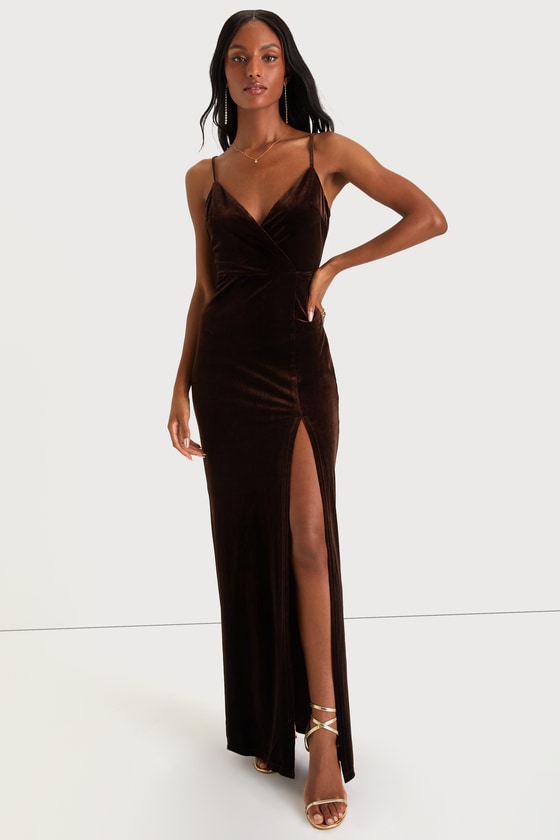 Lulus Graceful Glamour Dark Brown Velvet Surplice Maxi Dress