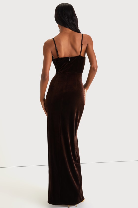 Graceful Glamour Dark Brown Velvet Surplice Maxi Dress 2