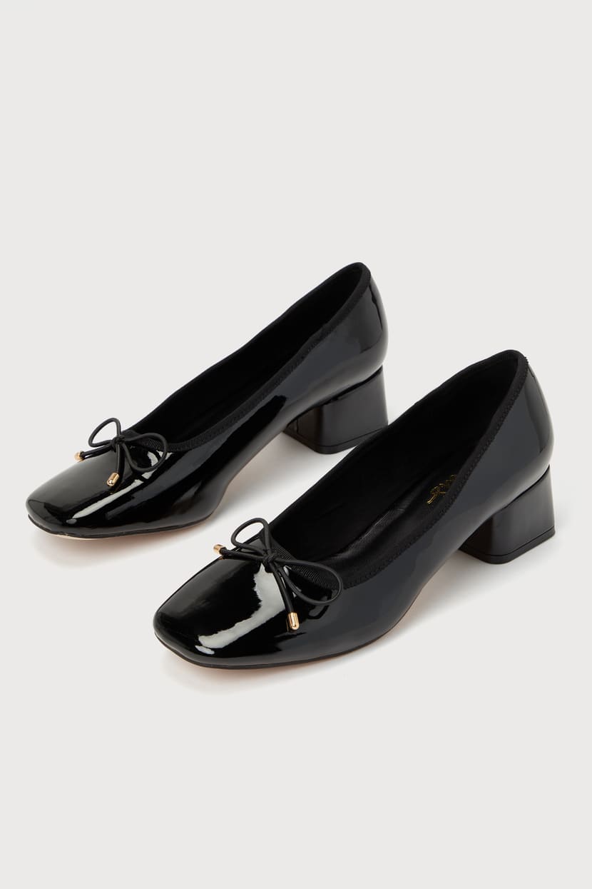Marny Black Patent Low Heel Bow Ballet Pumps