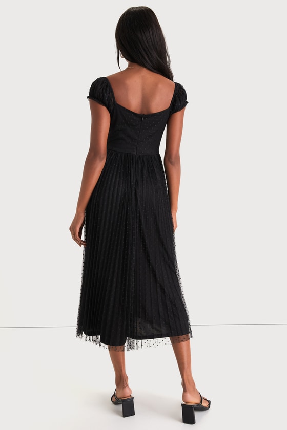 Swiss Dot Belted Surplice Puff Sleeve Midi Dress