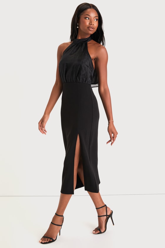 Dress The Population Eden High Neck Halter Bodycon Dress - Black Midi Cocktail Dress
