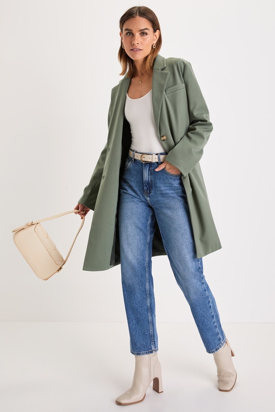 Sage Green Twill Coat - Long Sleeve Coat - Button-Front Coat - Lulus