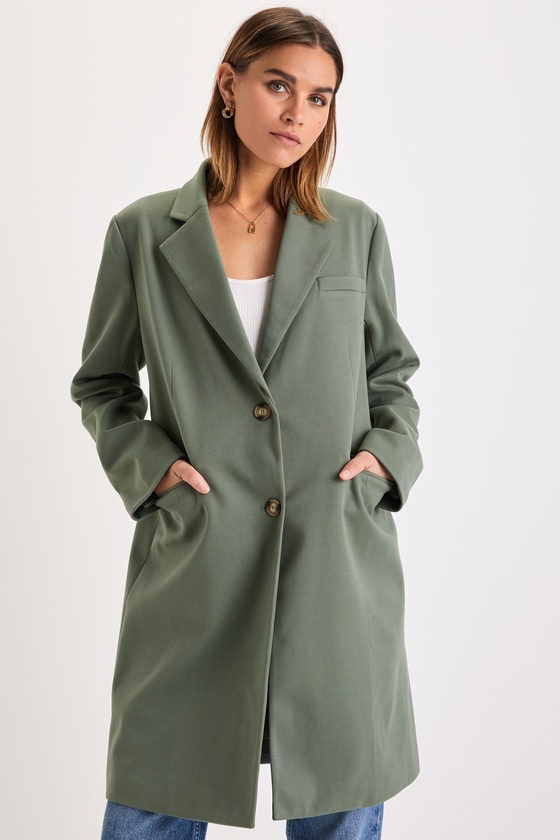 Sage Green Twill Coat - Long Sleeve Coat - Button-Front Coat - Lulus