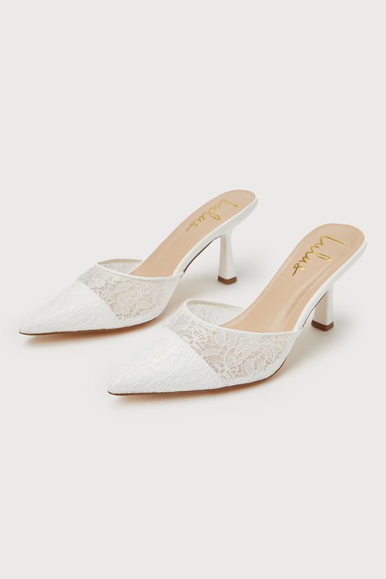 Aiza White Lace Pointed Toe Mule Pumps