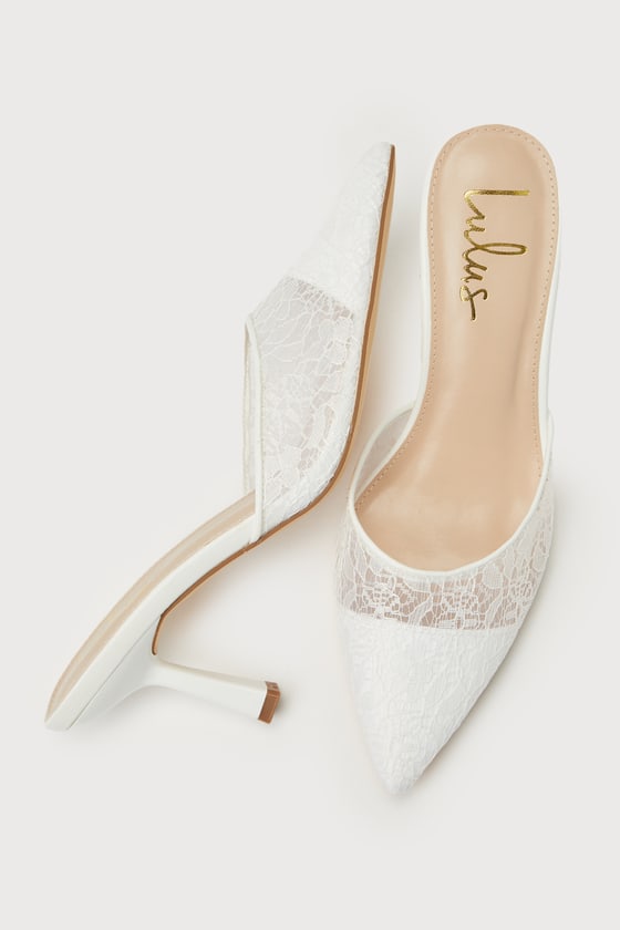 White Sheer Lace Pumps - Lace Mule Pumps - White Stiletto
