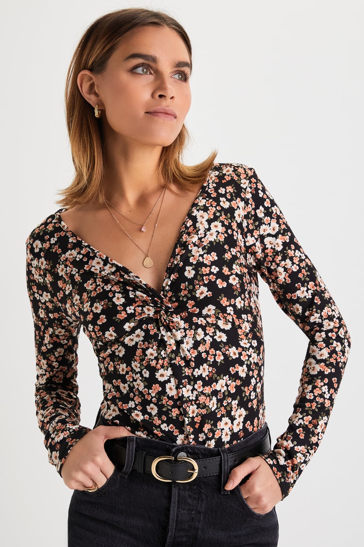 Black Floral Print Top - Long Sleeve Bodysuit - Twist Front Top - Lulus