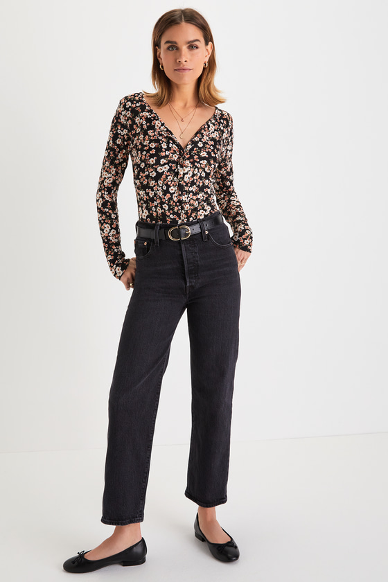 Black Floral Print Top Long Sleeve Bodysuit Twist Front Top Lulus