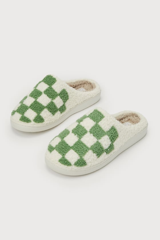 Cozi Sage and Cream Checkered Shearling Slippers 1