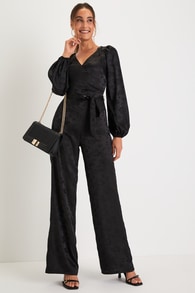 Classy Charisma Black Jacquard Long Sleeve Jumpsuit