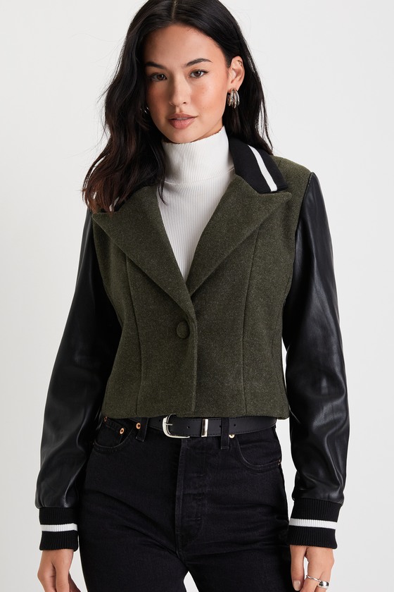 Mixed Media Olive Green and Black Cropped Varsity Blazer 4