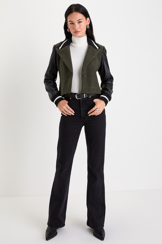 Mixed Media Olive Green and Black Cropped Varsity Blazer 1