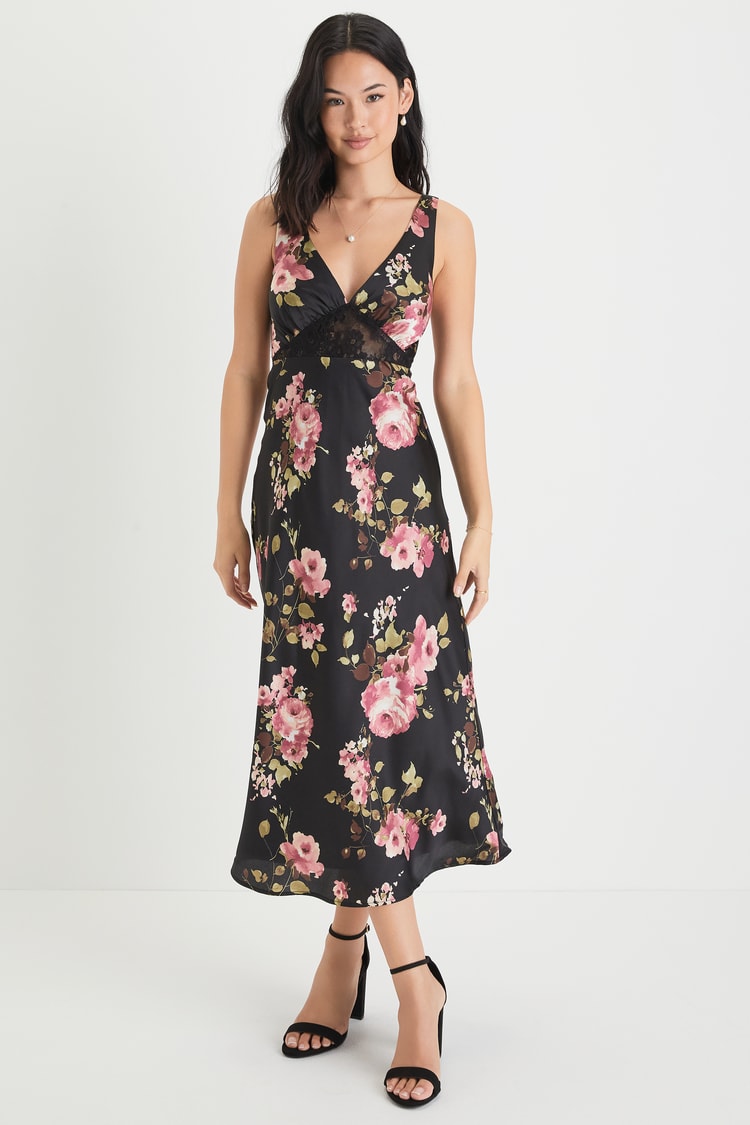 Remarkable Sweetie Black Floral Print Satin Lace Midi Dress