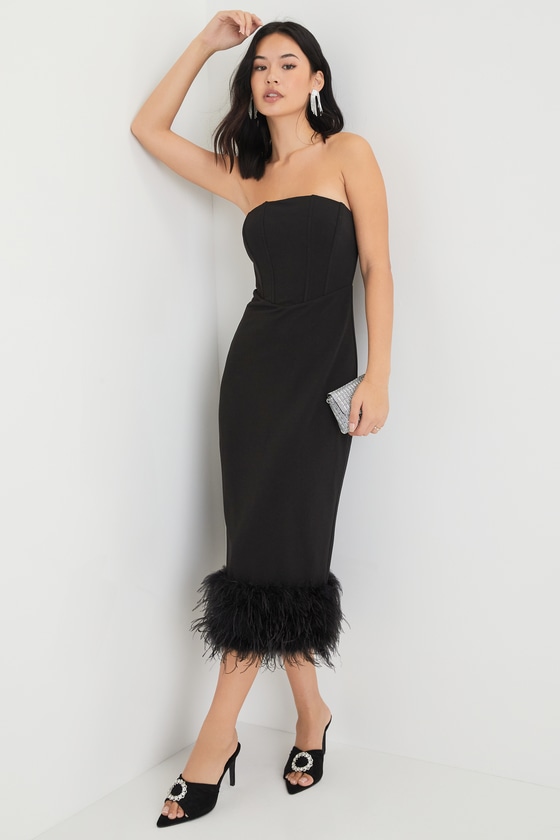 Fancy Behavior Black Bustier Strapless Feather Midi Dress 1