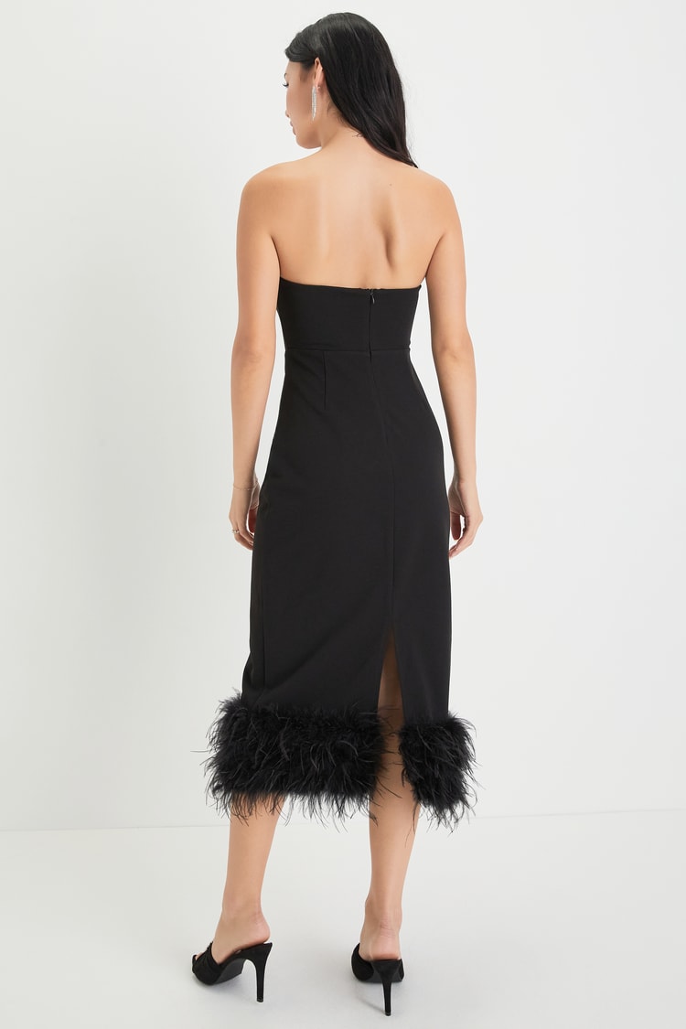 Fancy Behavior Black Bustier Strapless Feather Midi Dress