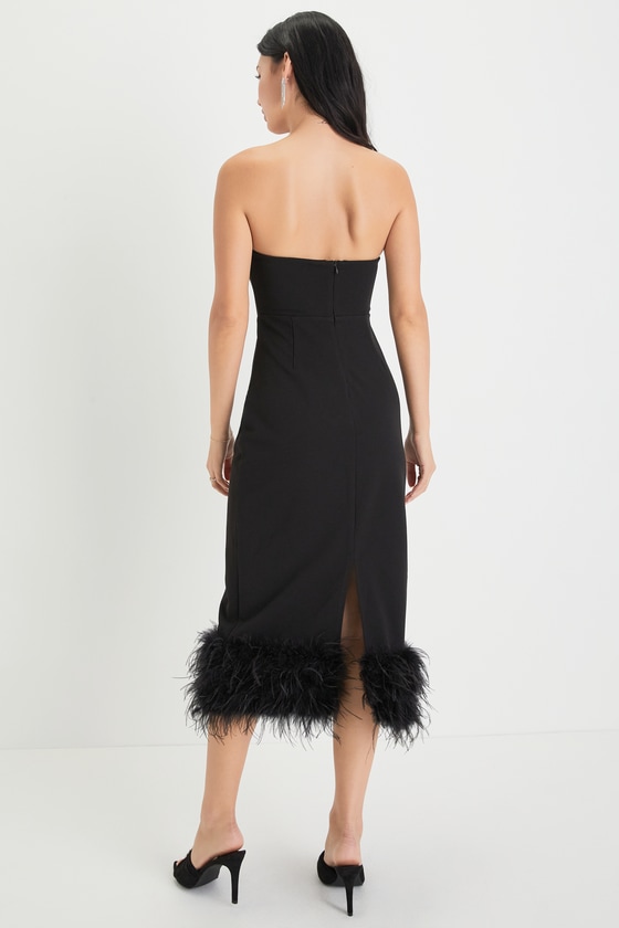 Black Midi Dress - Strapless Bustier Dress - Feather Midi Dress - Lulus