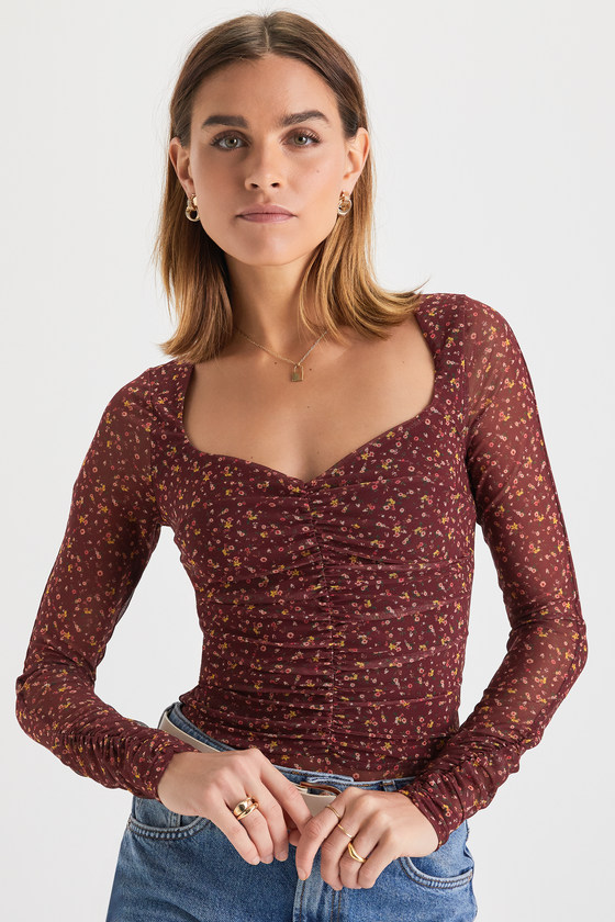 Plum Floral Print Bodysuit Mesh Ruched Bodysuit Ruched Top Lulus