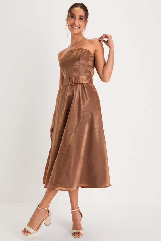 Shop Lulus Chicly Stunning Shiny Brown Strapless Belted Midi Dress