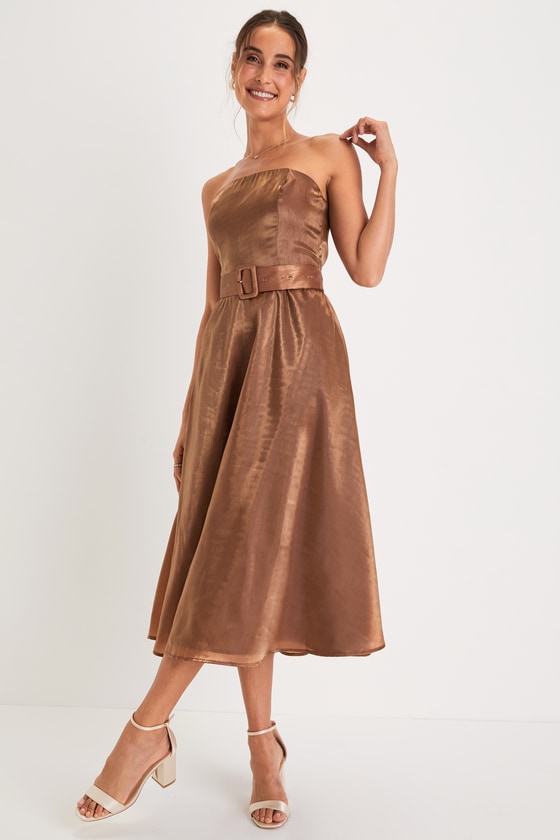 Chicly Stunning Shiny Brown Strapless Belted Midi Dress 4