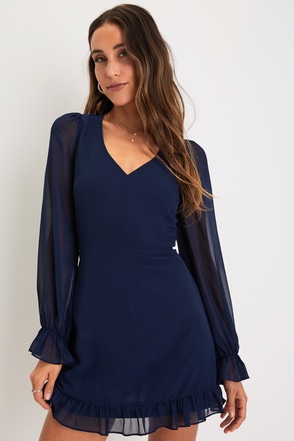 Light Blue Casual Navy Dress With Sleeves Chic Navy Dress Backless Mini  Dress Long Sleeve Skater Dress