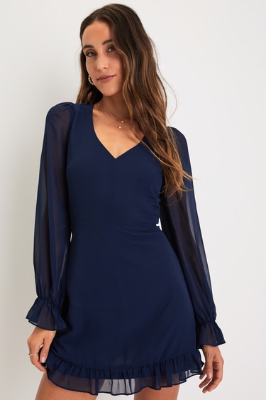 Sheer Attraction Navy Blue Long Sleeve Ruffled Mini Dress