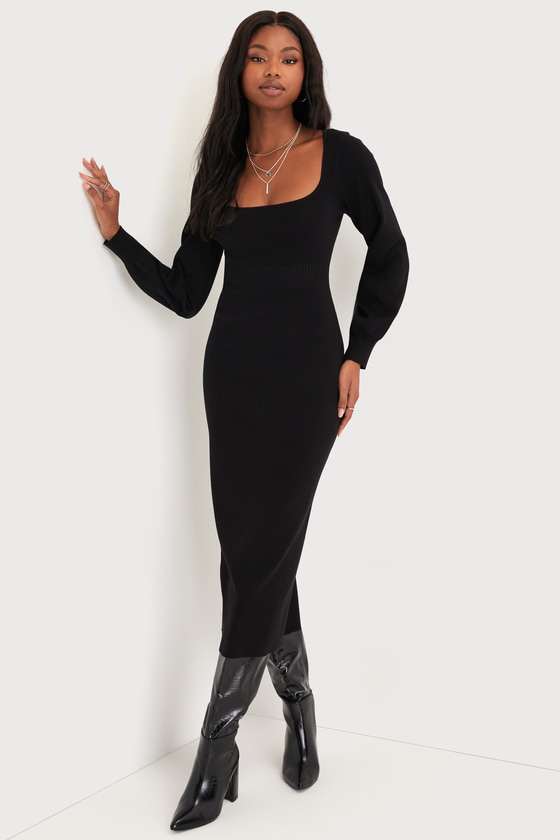 Lulus Sweater Life Black Balloon Sleeve Midi Sweater Dress