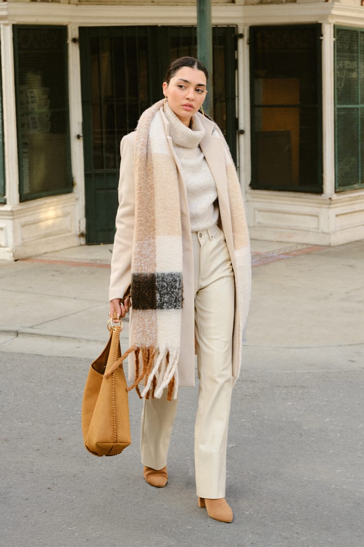 Brown Plaid Scarf - Marled Knit Scarf - Oversized Fringe Scarf - Lulus