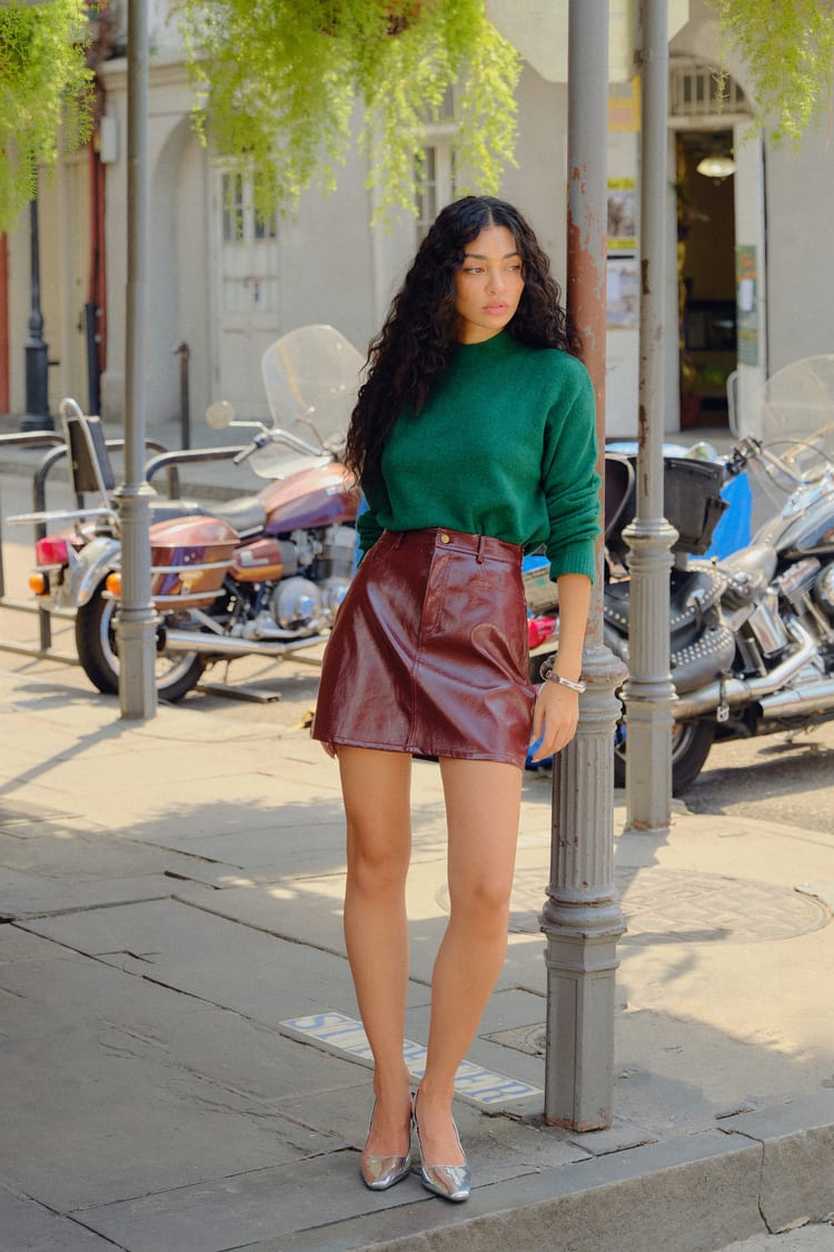 Irresistible Edge Burgundy Patent Vegan Leather Mini Skirt