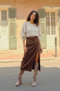 Perfect Sophistication Brown Twill Button Wrap Midi Skirt