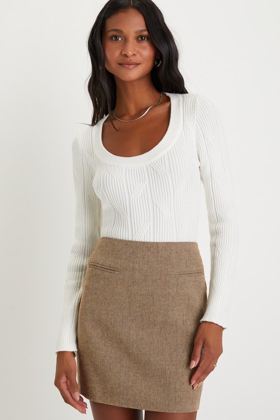 Lulus Seasonally Sophisticated Brown Herringbone Tweed Mini Skirt