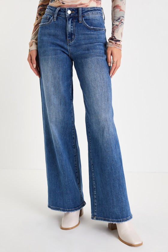 Medium Wash Wide-Leg Jeans - High Rise Jeans - Stretchy Jeans - Lulus