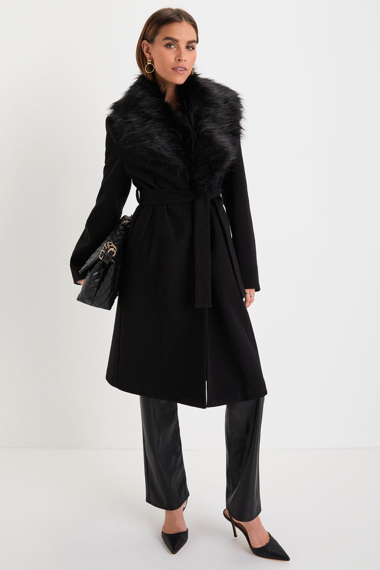 Essential Sophistication Black Faux Fur Collar Belted Coat