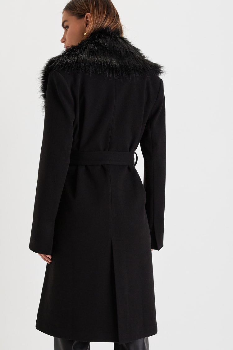 Black Faux Fur Collar Coat - Black Belted Coat - Longline Coat - Lulus
