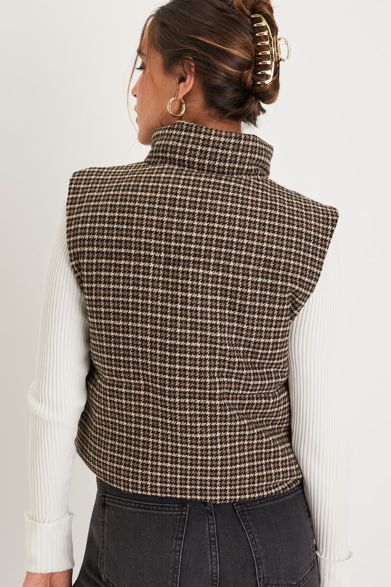 Cloud Nine Cutie Brown Houndstooth Cropped Puffer Vest