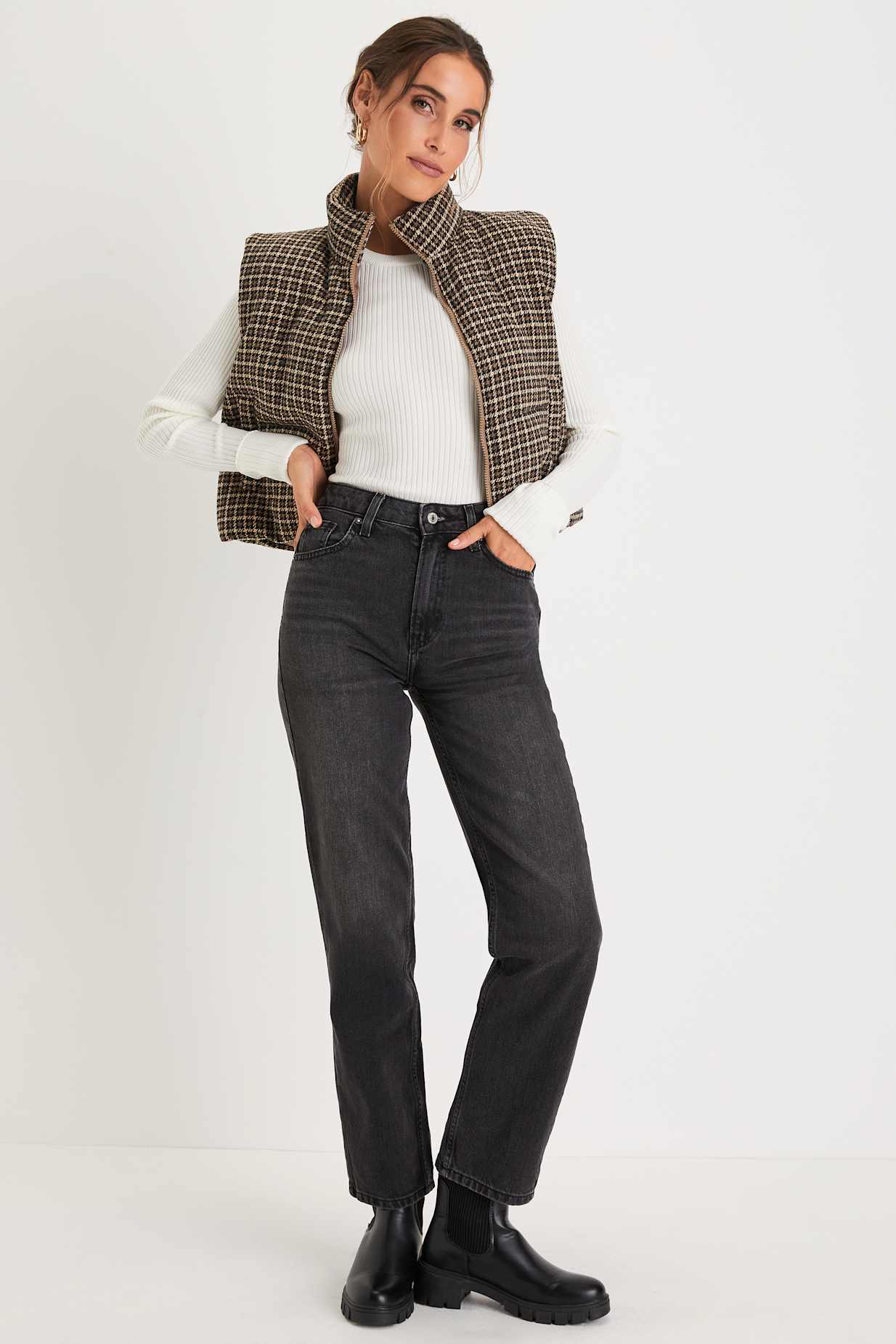 Cloud Nine Cutie Brown Houndstooth Cropped Puffer Vest