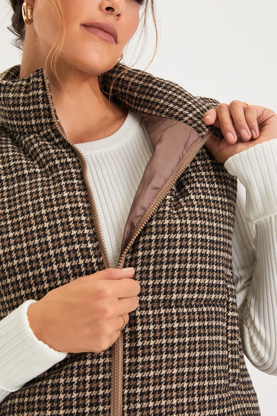 Cloud Nine Cutie Brown Houndstooth Cropped Puffer Vest - thumbnail 4