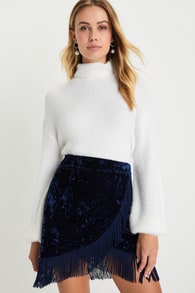 Luxe Wishes Navy Blue Crushed Velvet Fringe Mini Skirt