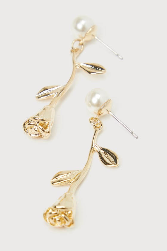 Rosy Outlook Gold Pearl Floral Rose Drop Earrings 1