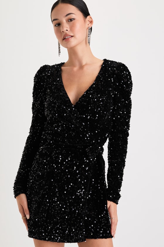 Lulus Glowing Muse Black Sequin Velvet Long Sleeve Wrap Mini Dress