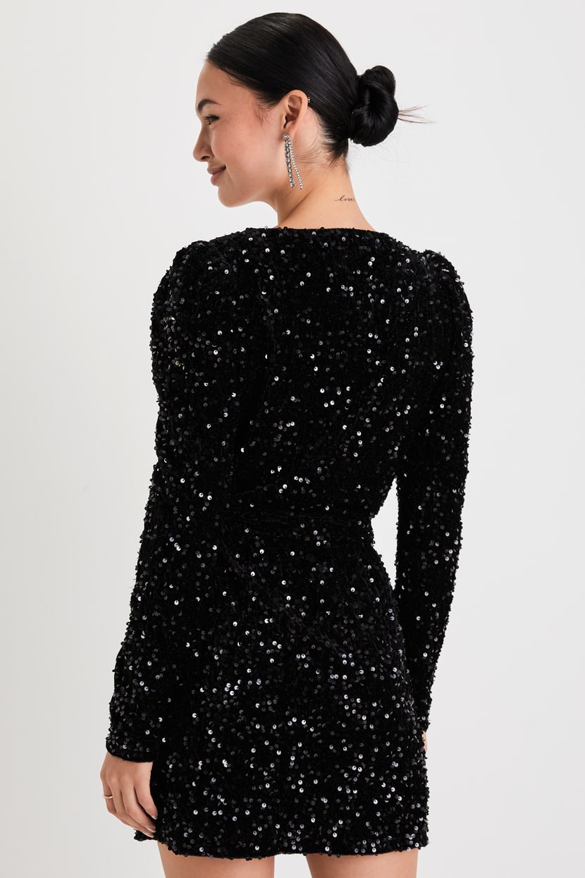 black sequin wrap mini dress Embroidered Sequin Wrap Mini Dress