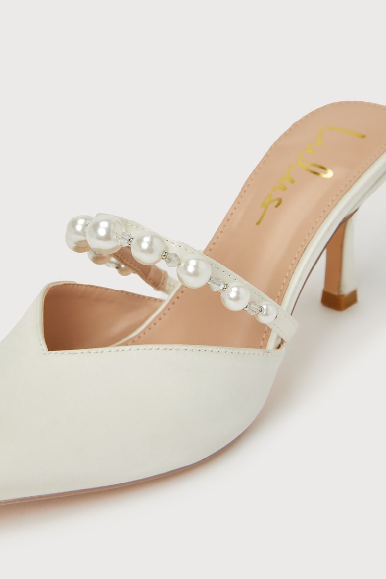 Daryll White Satin Pearl Pointed-Toe Mule Pumps