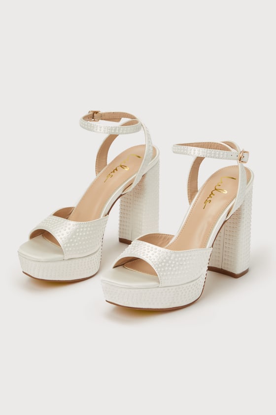 Lulus Pearlla White Satin Pearl Platform Ankle Strap High Heel Sandal Heels