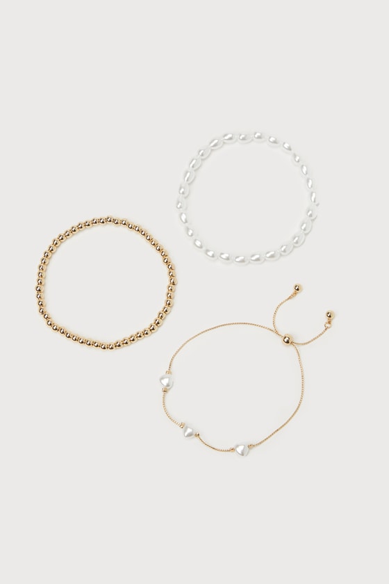 Lulus Encountering Elegance Gold Pearl 3-piece Bracelet Set In Gold